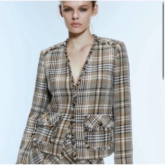Zara Frayed Checked Plaid Blazer Size Small - Picture 2 of 6